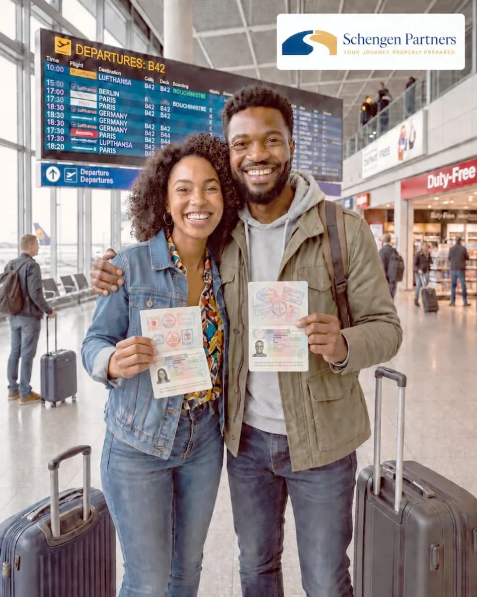 Couple at the airport holding passports, preparing a Schengen visitor visa application with Schengen Partners