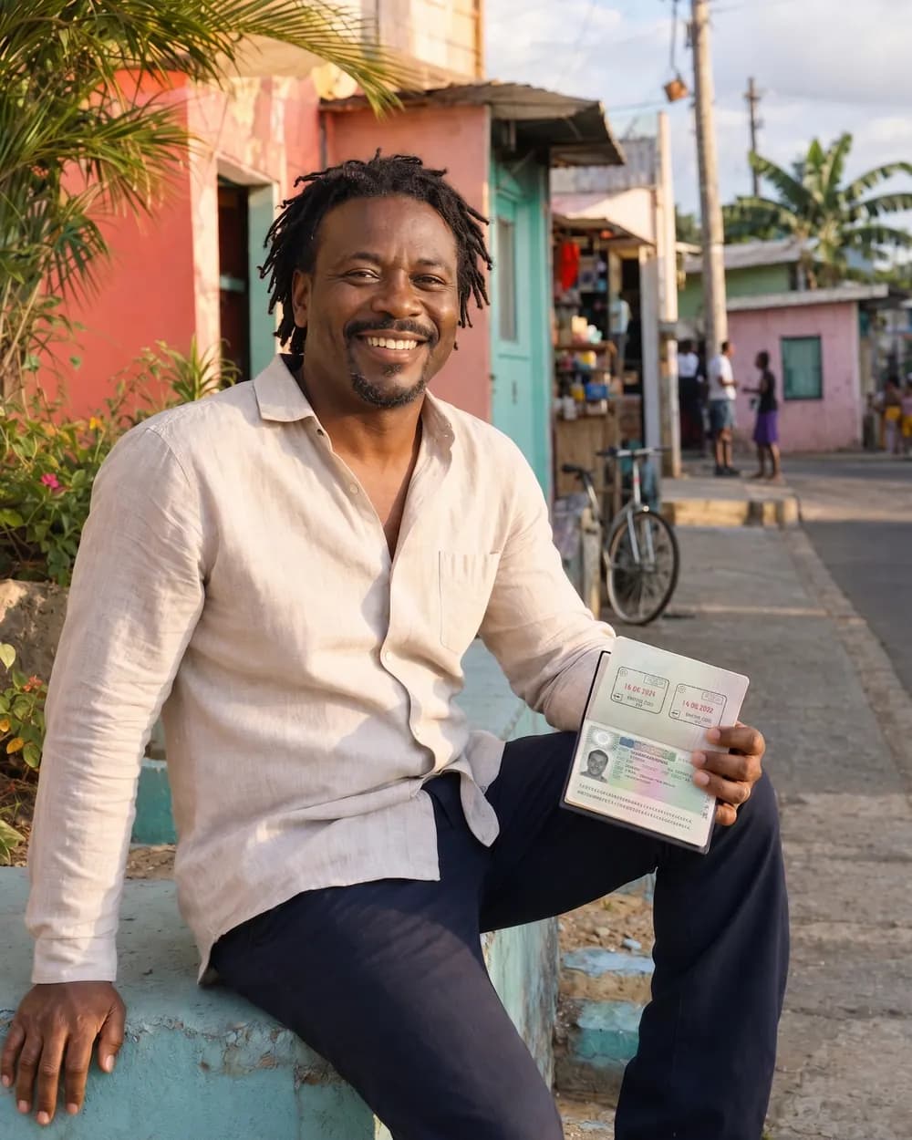 Man sitting outdoors on a sunny street, holding his open passport while preparing a Schengen visa application