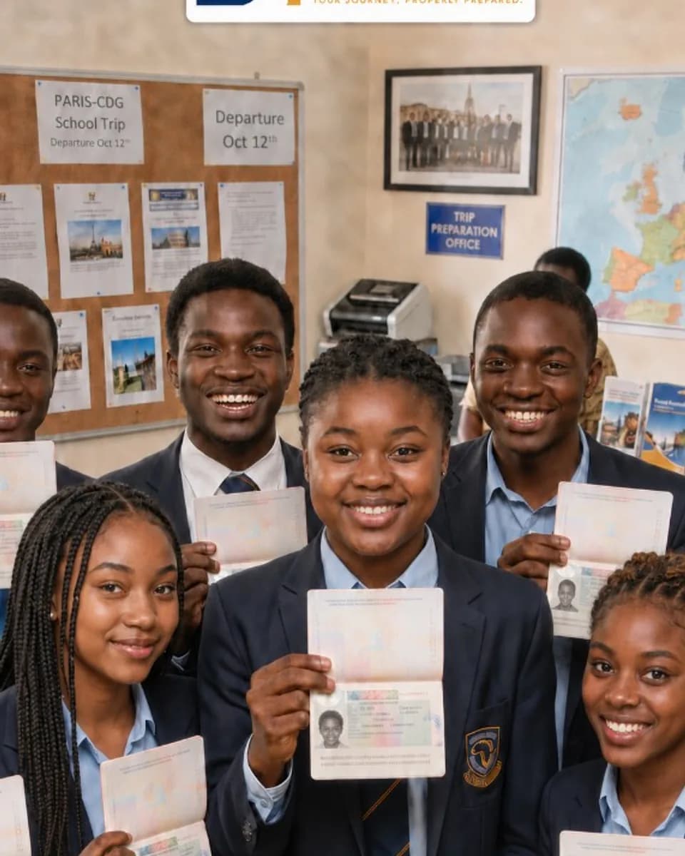 Students in uniform holding passports for a school trip to Europe, showing Schengen Partners visa application support