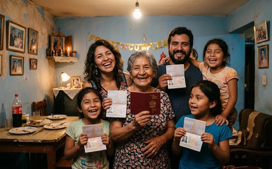 Family preparing their Schengen visa applications together at home, each holding a passport