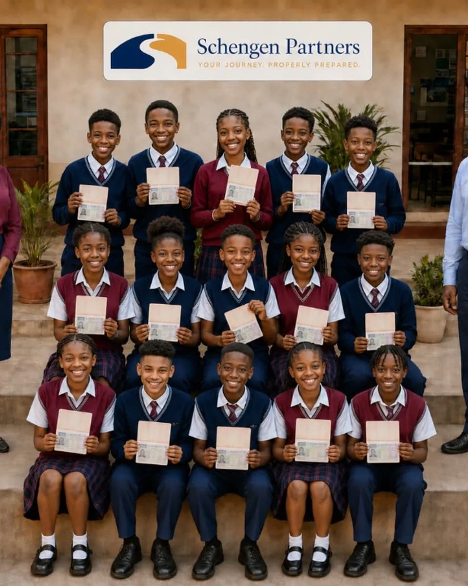 School group preparing Schengen visa applications with Schengen Partners, students holding passports for a trip to Europe