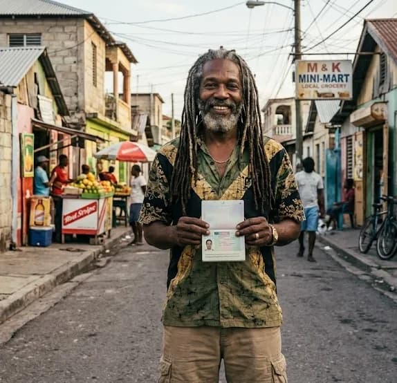 Visa applicant with strong home-country ties, holding his passport on his neighbourhood street